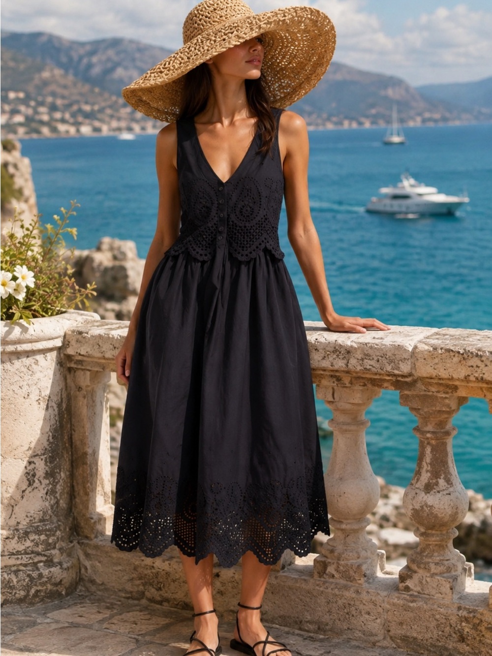 Cleobella Julie Midi Dress Embroidered Eyelet Size M in Black ~Organic Cotton